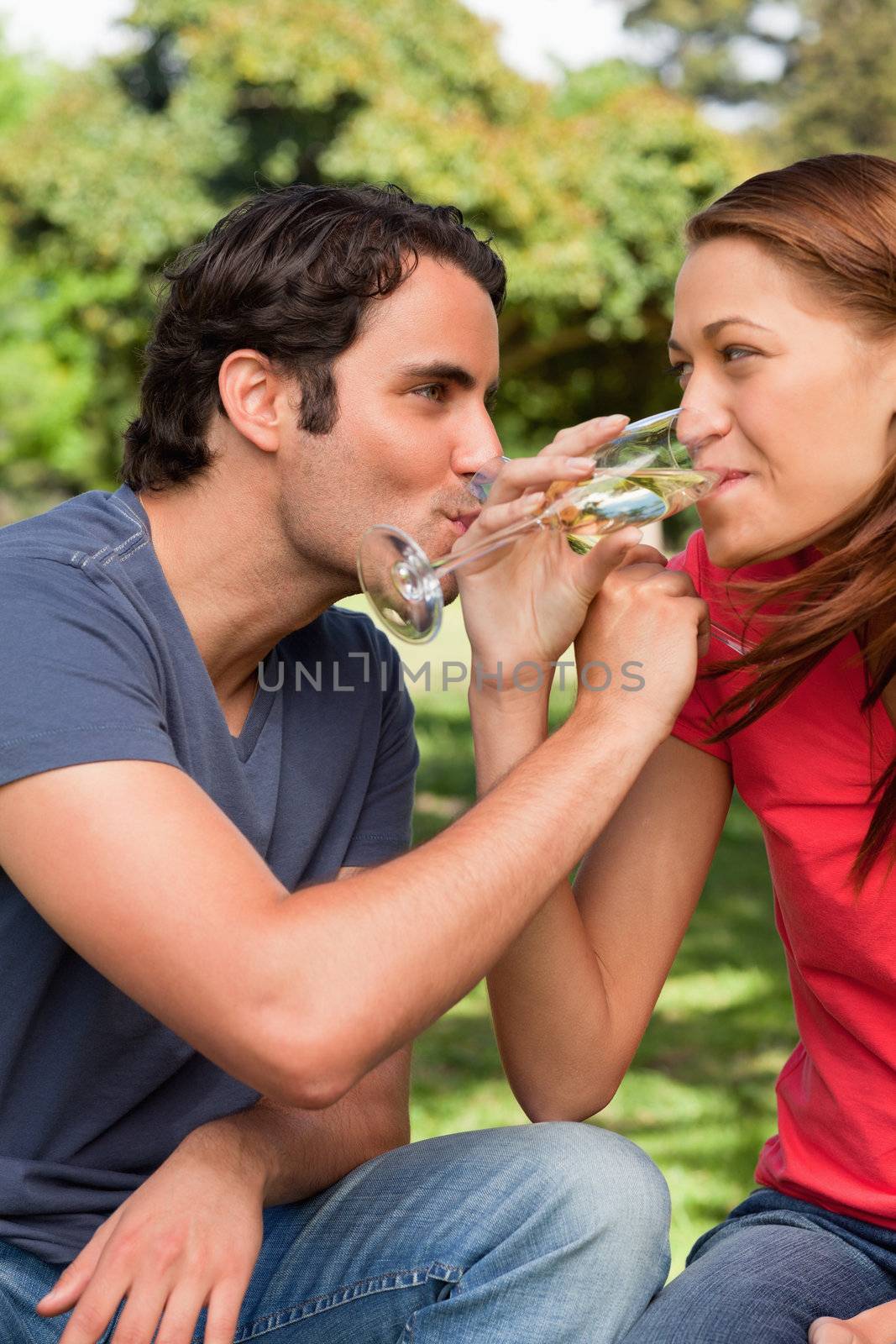 Two friends happily looking into each others eyes as they link their arms together while drinking champagne in the park