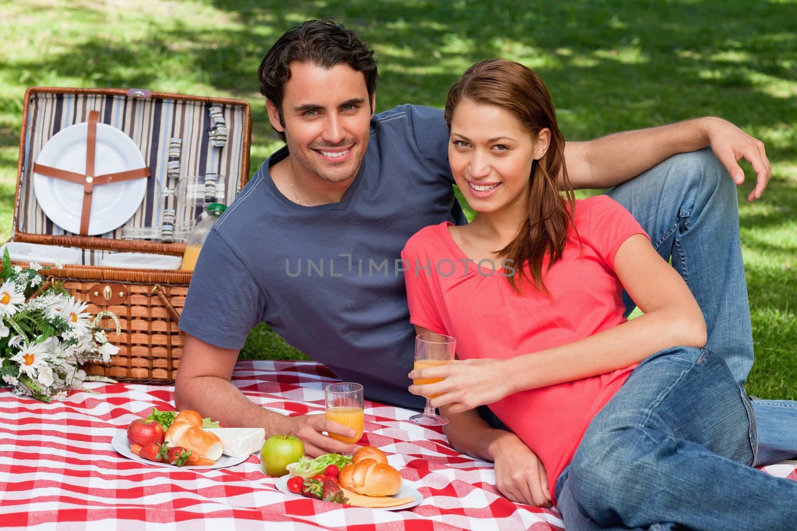 Two friends holding glasses while lying next to each other on a blanket with a picnic basket and food