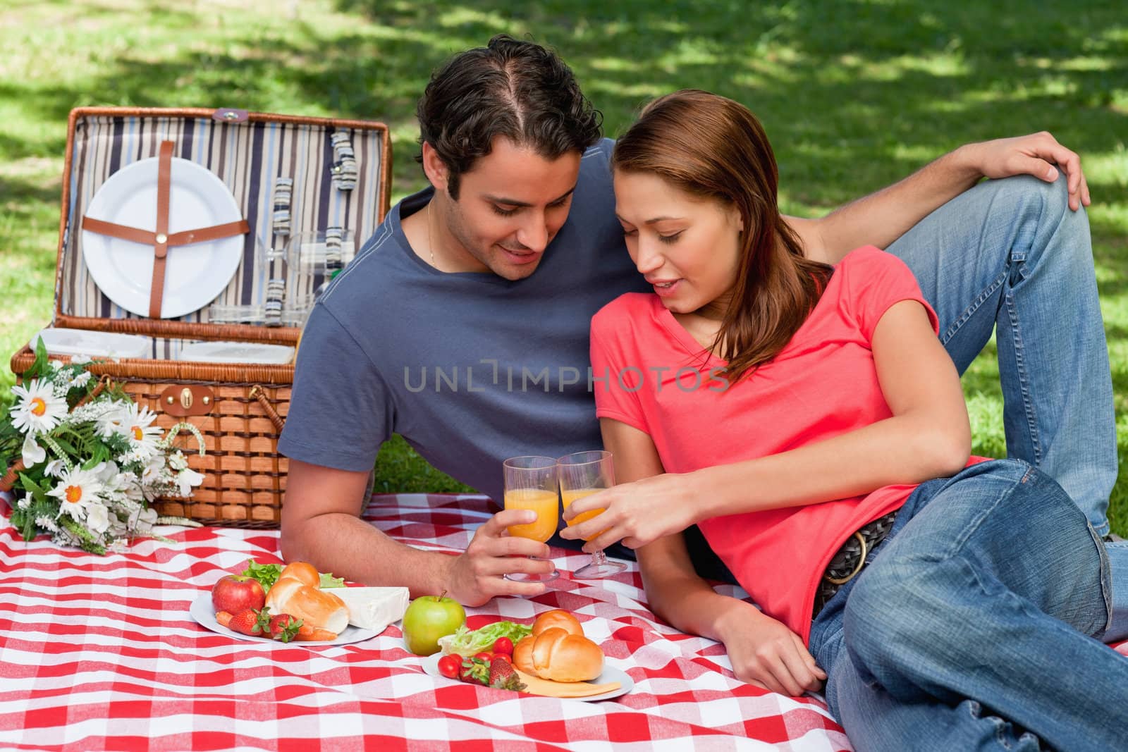 Two friends touching glasses against each other in celebration while lying on a blanket with picnic food