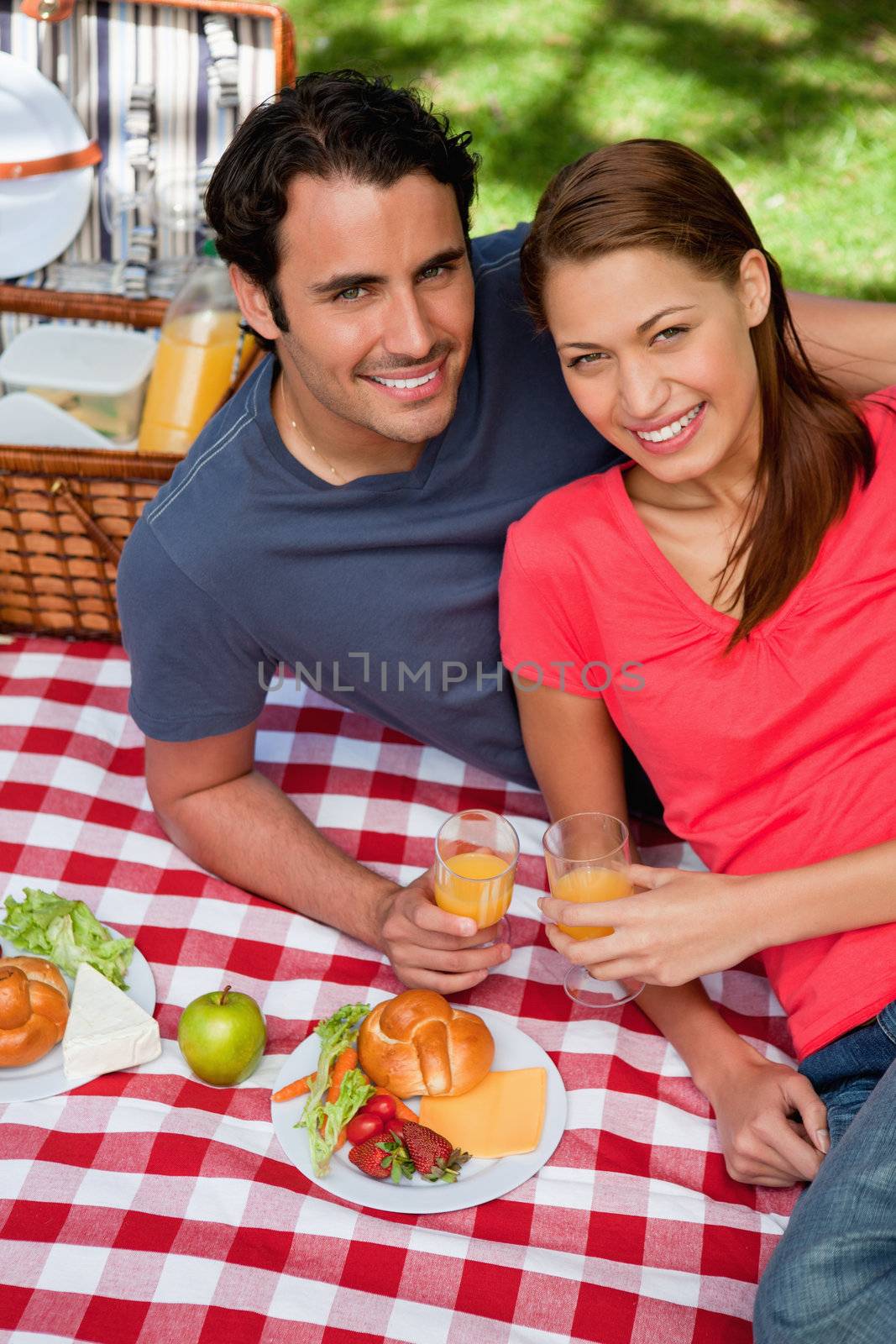 Two smiling friends looking into the sky while they hold glasses as they lie on a blanket with a picnic