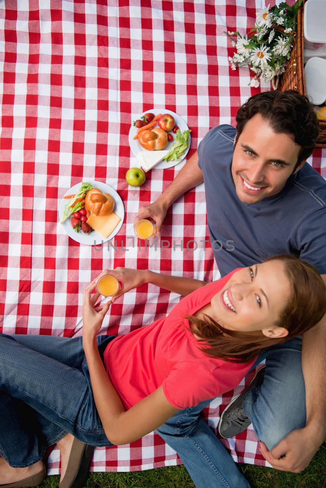 Elevated view of two smiling friends looking upwards while they hold glasses as they lie on a blanket with a picnic