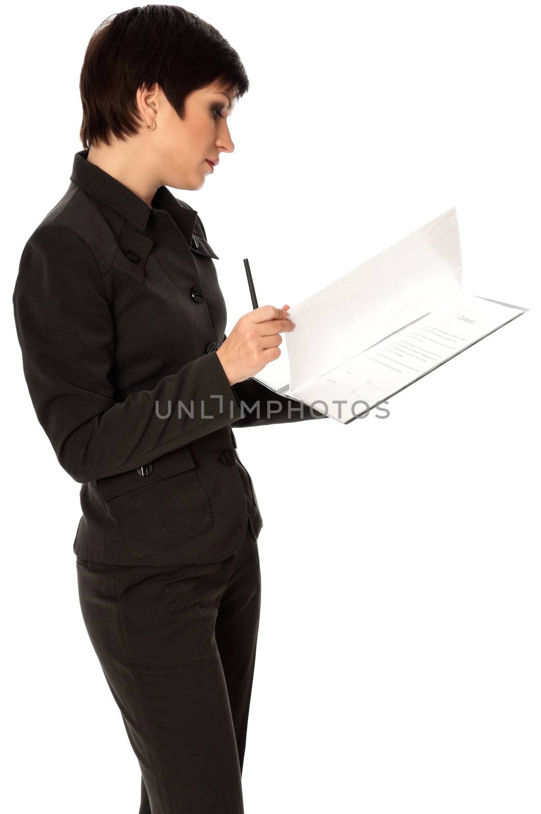 General director reading a contract for her partner