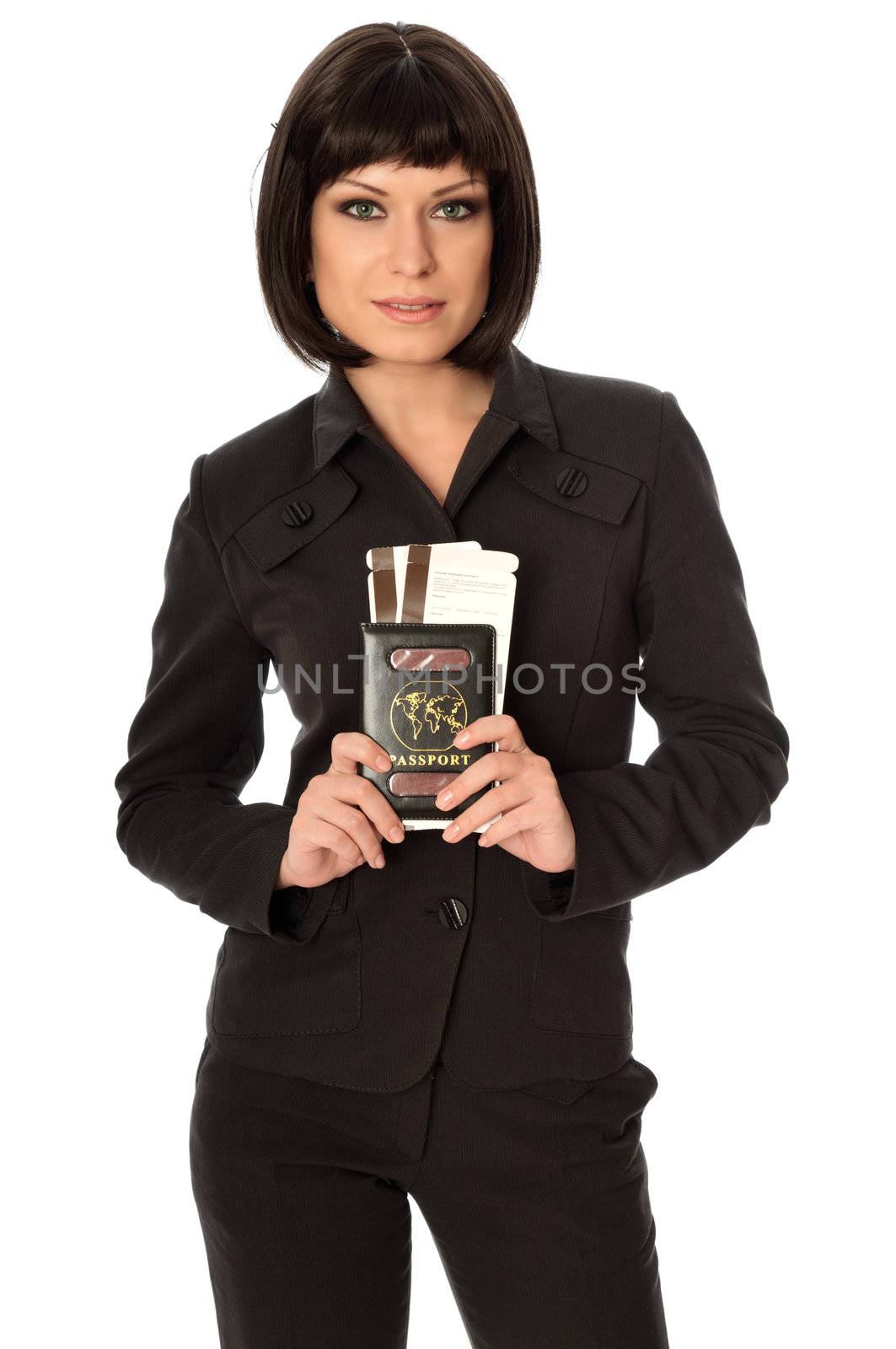 Woman holding in the hand passport for a business trip