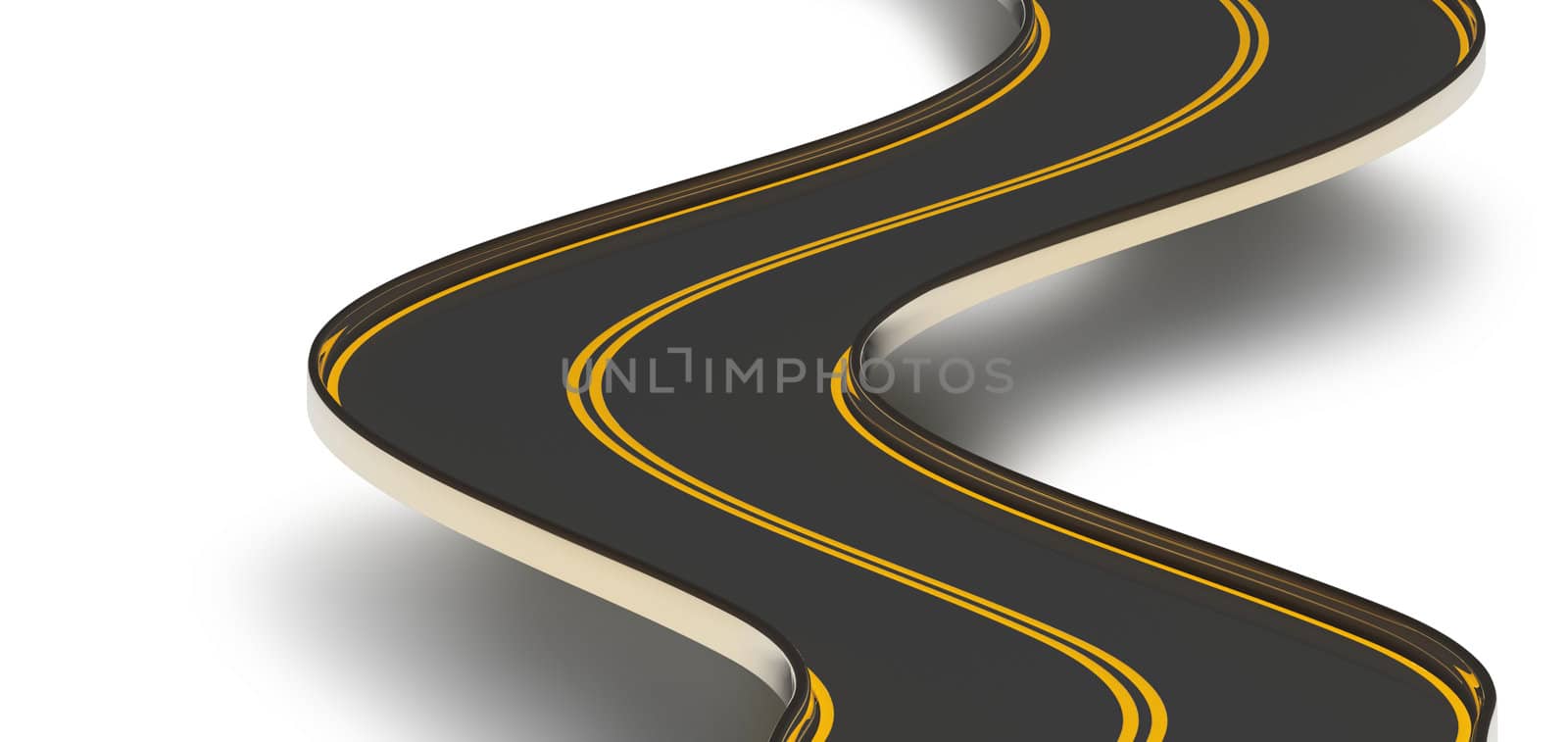 a winding asphalt road with double orange dividing strip
