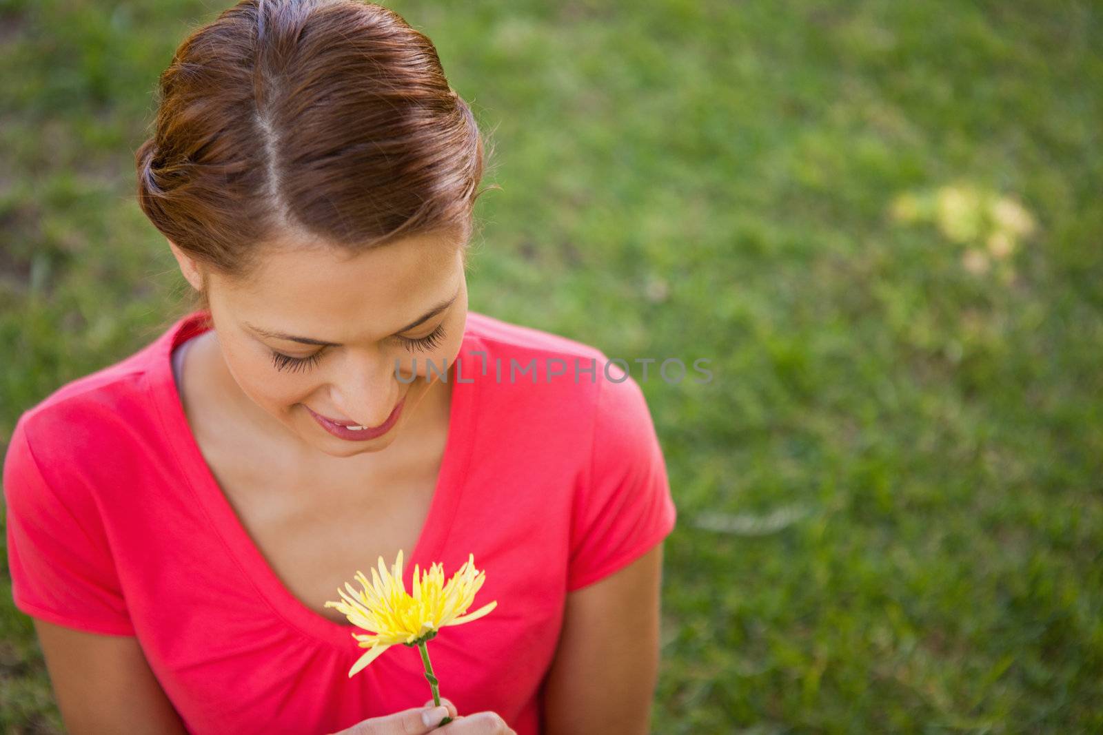 Woman looking downwards at the yellow flower being held in her hand, with grass in the background