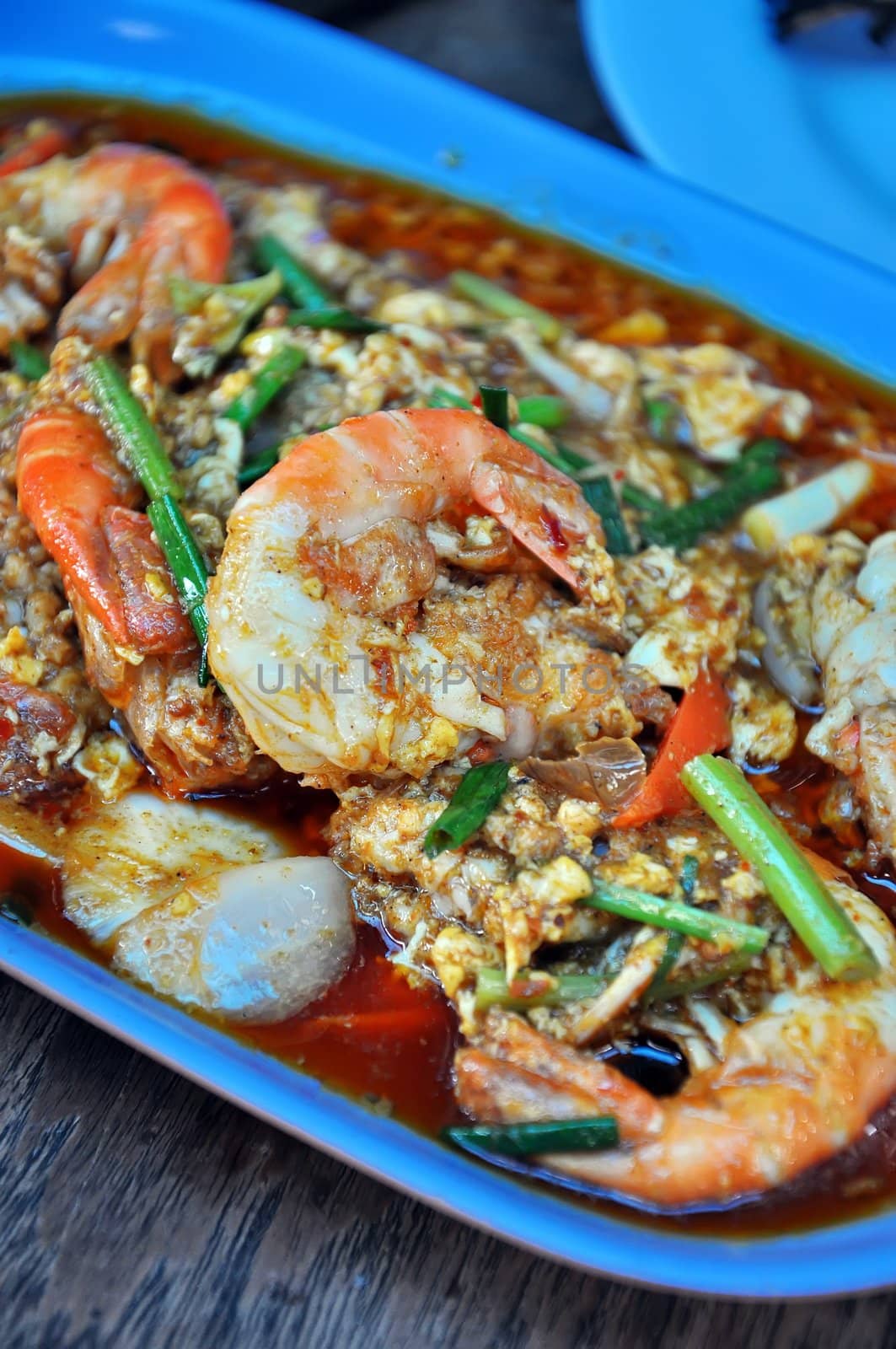 The fired curry shrimp thai food 