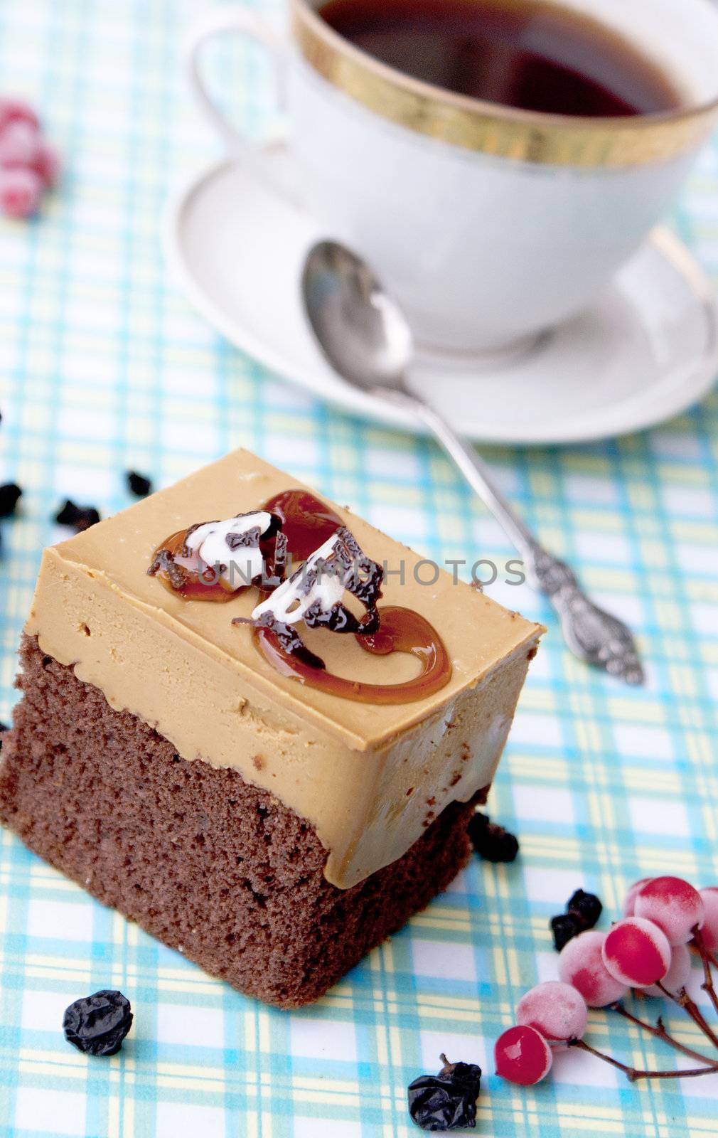 Sweet appetizing fresh honeyed biscuit and morning coffee