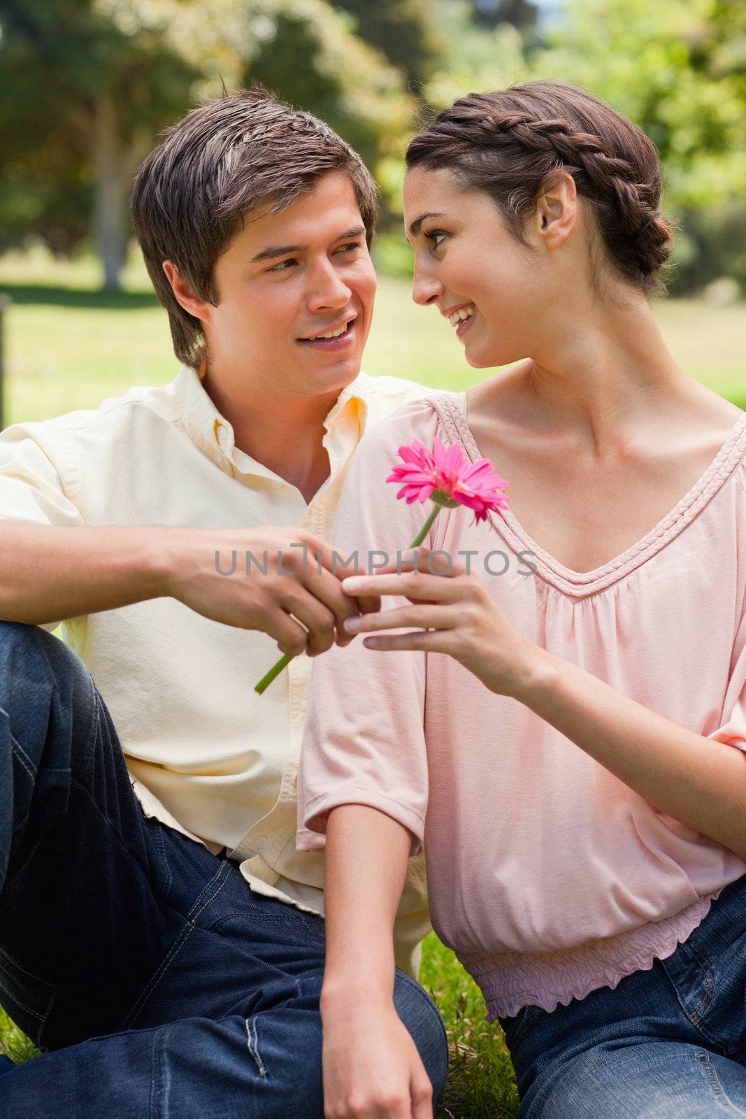 Smiling man giving a pink flower to a woman as they sit down on the grass