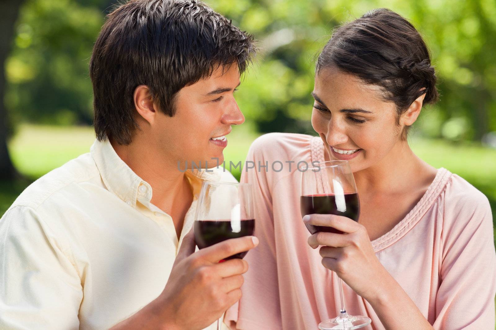Two friends holding glasses of wine in a park by Wavebreakmedia