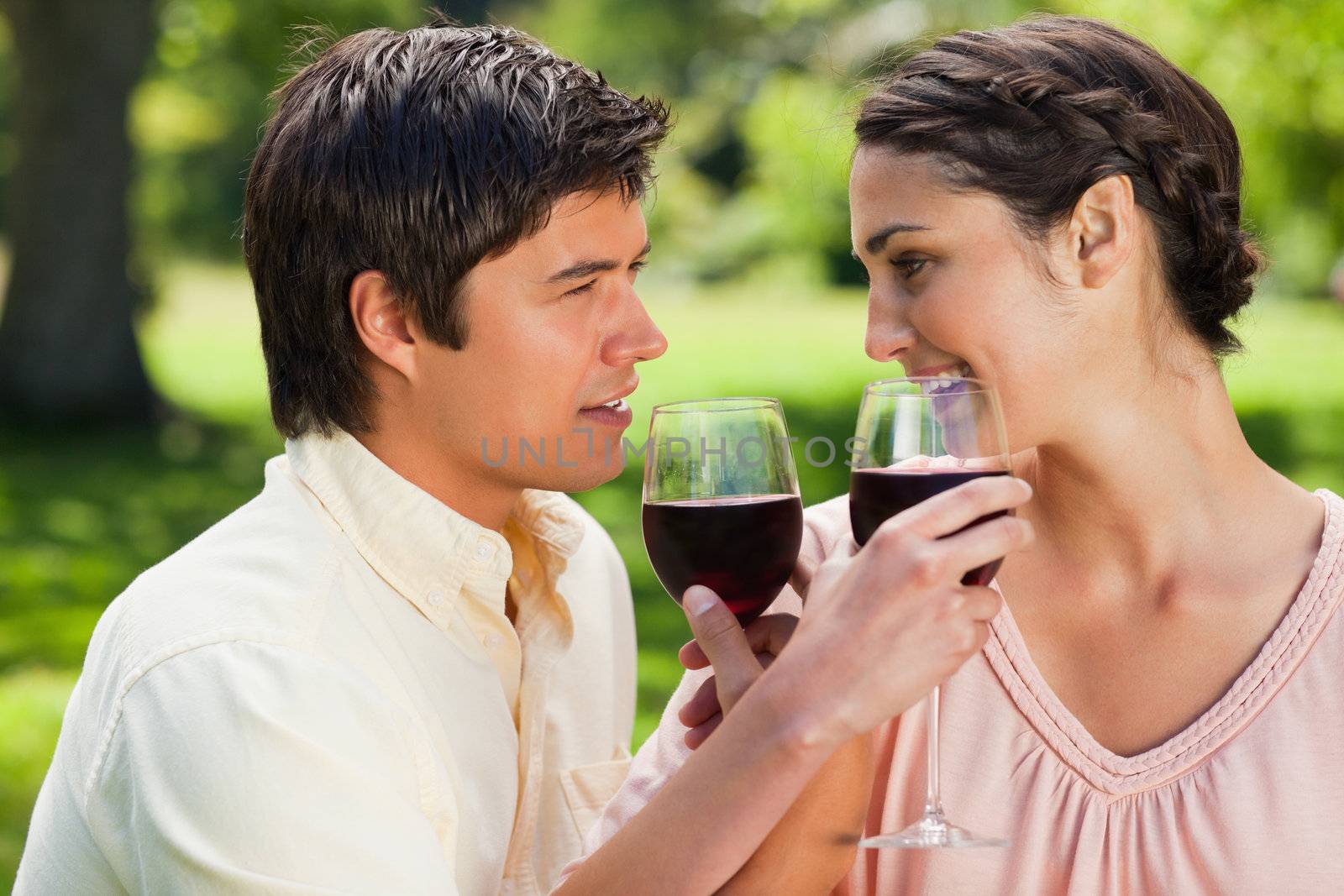 Two friends looking eye to eye and linking their arms while holding glasses of red wine in a park