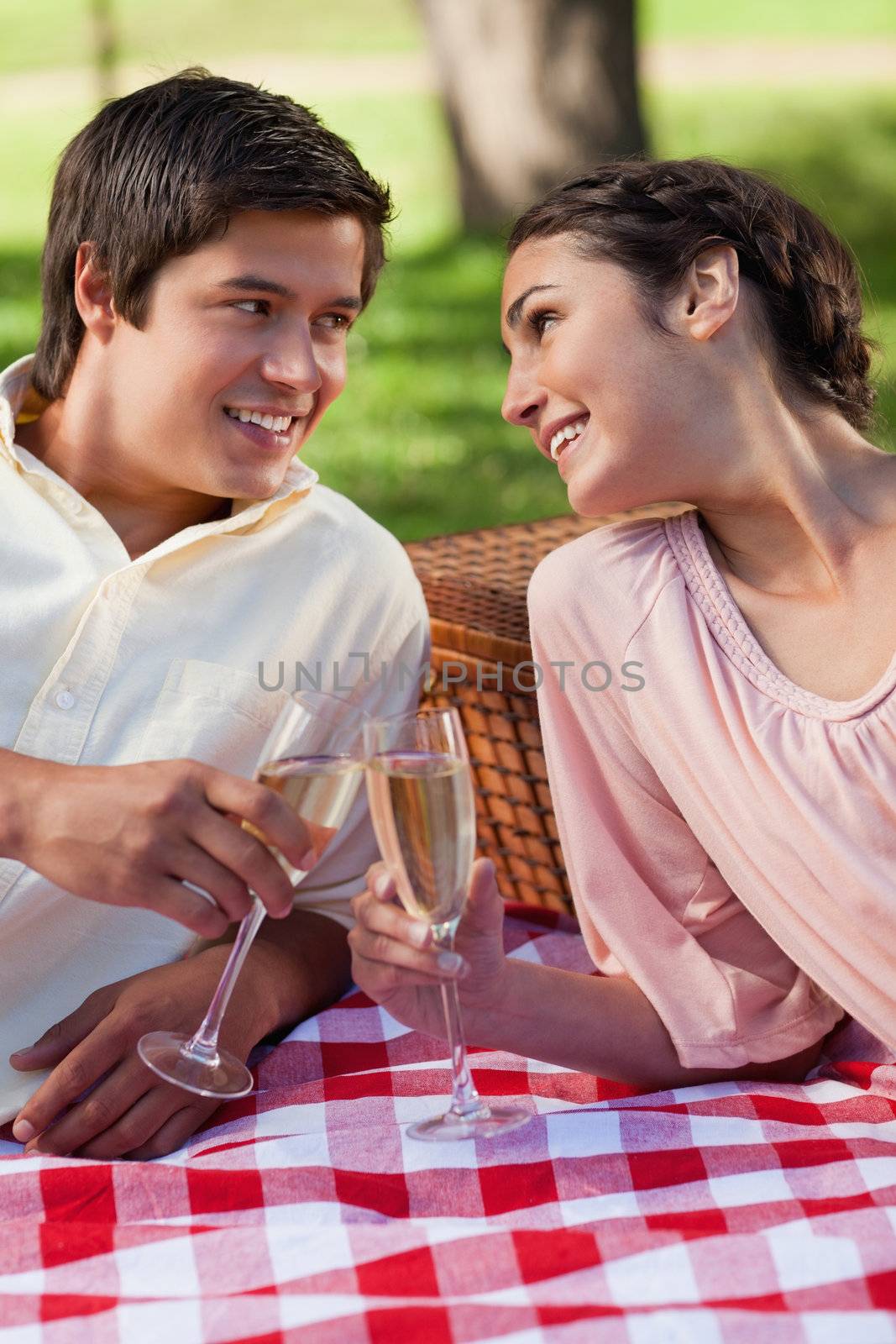 Man and a woman looking at each other and smiling as they touch glasses of champagne while the lie down on a blanket with a basket behind them