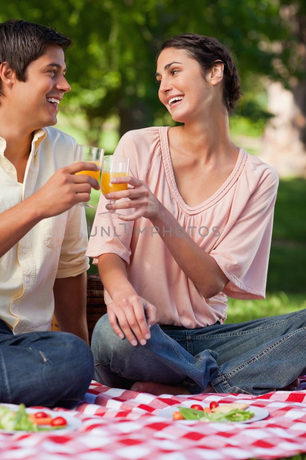 Woman laughing as she touches glasses of juice with her friend d by Wavebreakmedia