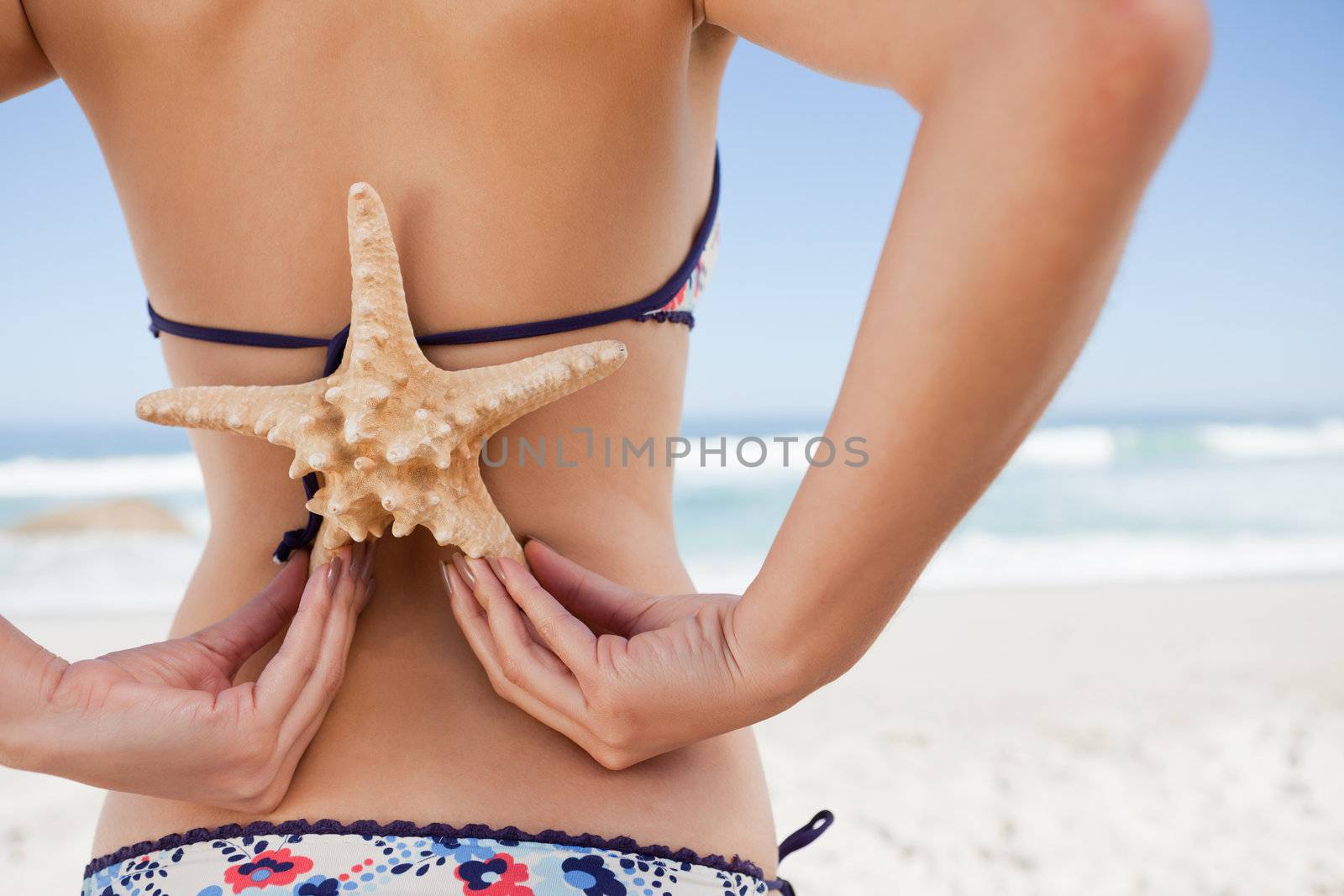 Rear view of a young woman holding a starfish on her back by Wavebreakmedia