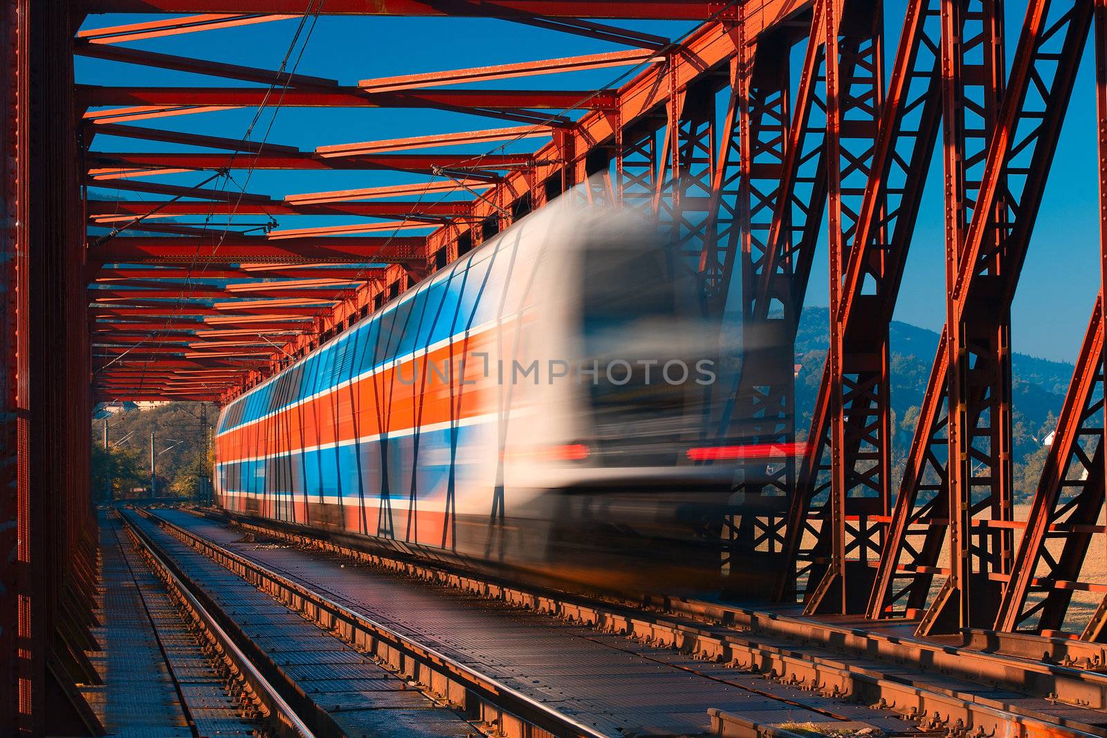 Abstract composition of moving train in the mist