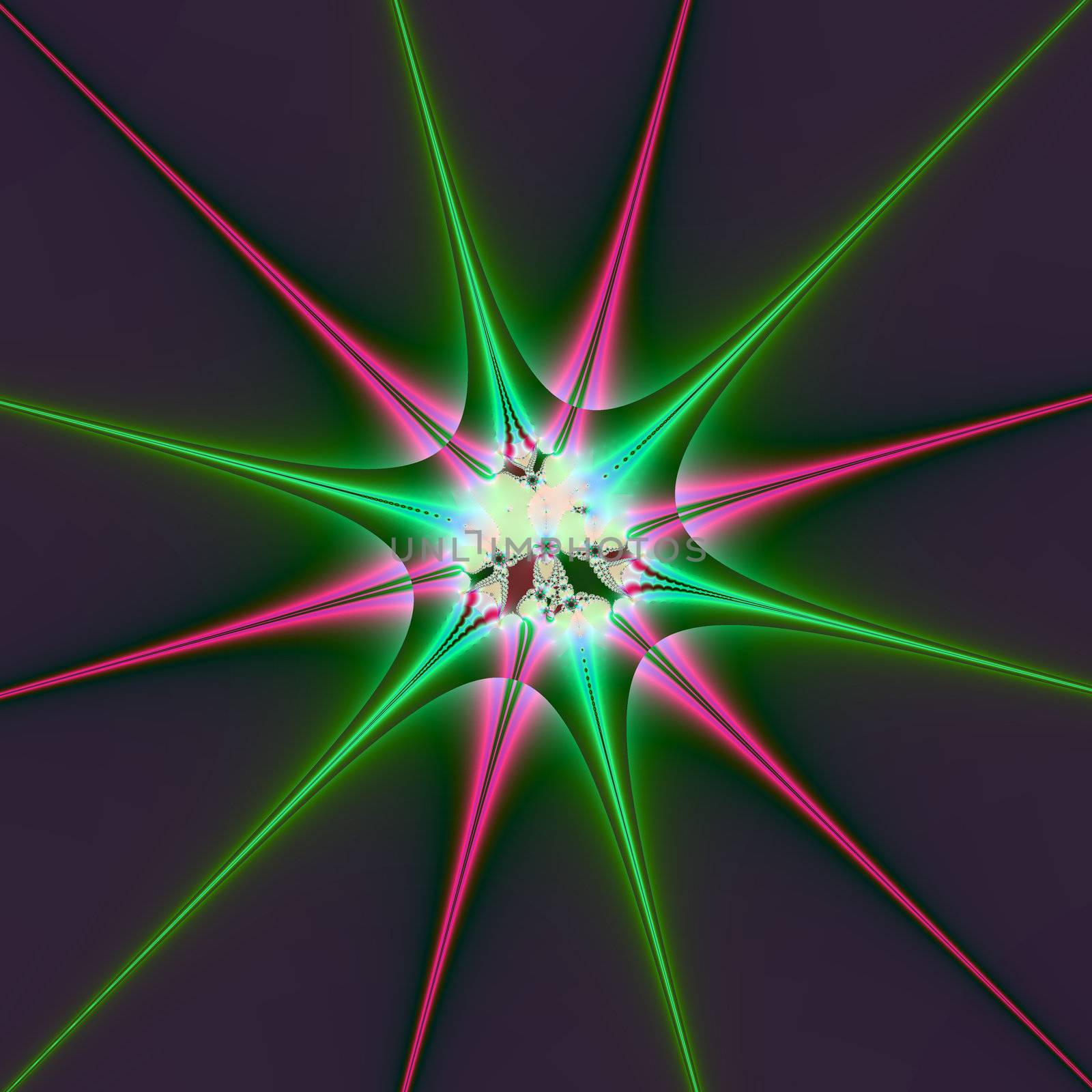 Bright and funky fractal design, abstract art, sparkling star in red and green on dark background.