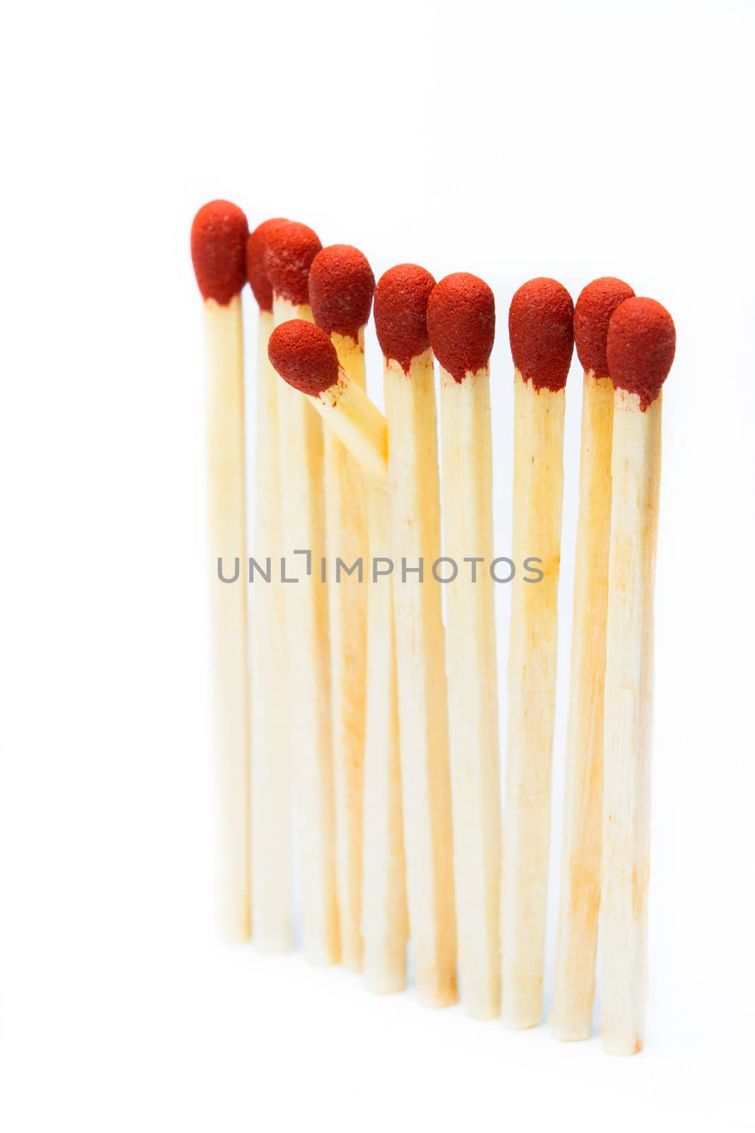 One broken matchstick stands in the matchsticks set