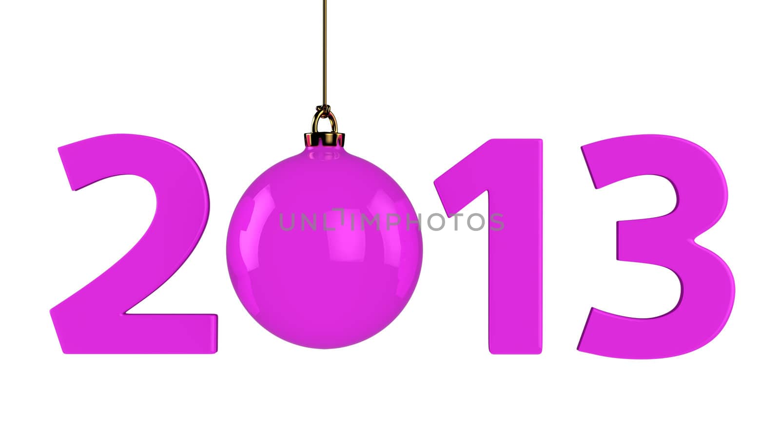 Big purple digits of new year and christmas ball instead zero. Isolated on white.