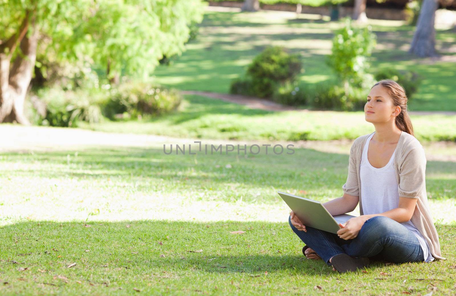 Woman sitting on the meadow with her notebook by Wavebreakmedia
