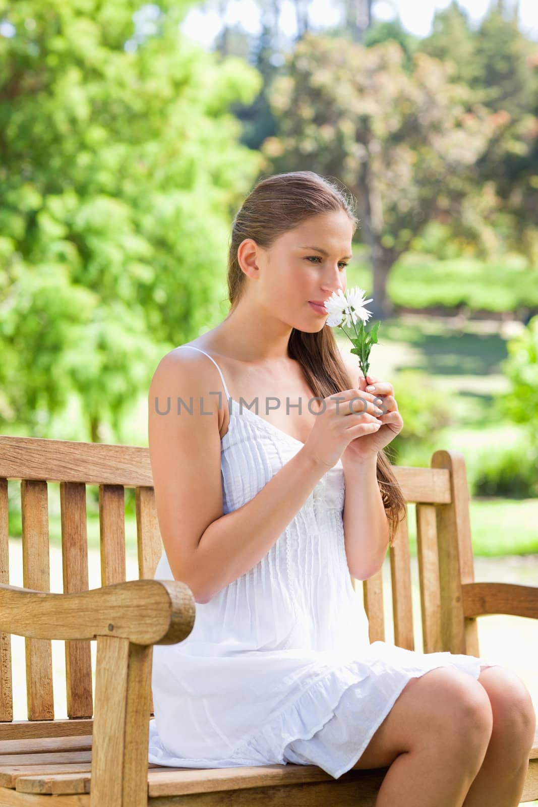 Young woman smelling on a white flower while sitting on a park bench