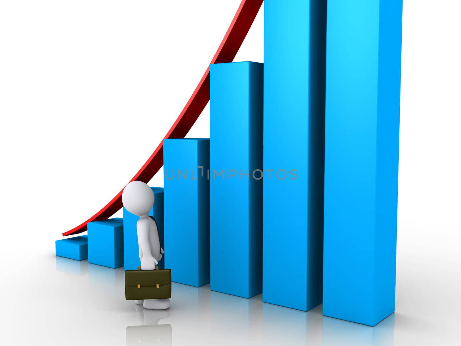 3d businessman is looking from below at rising graph