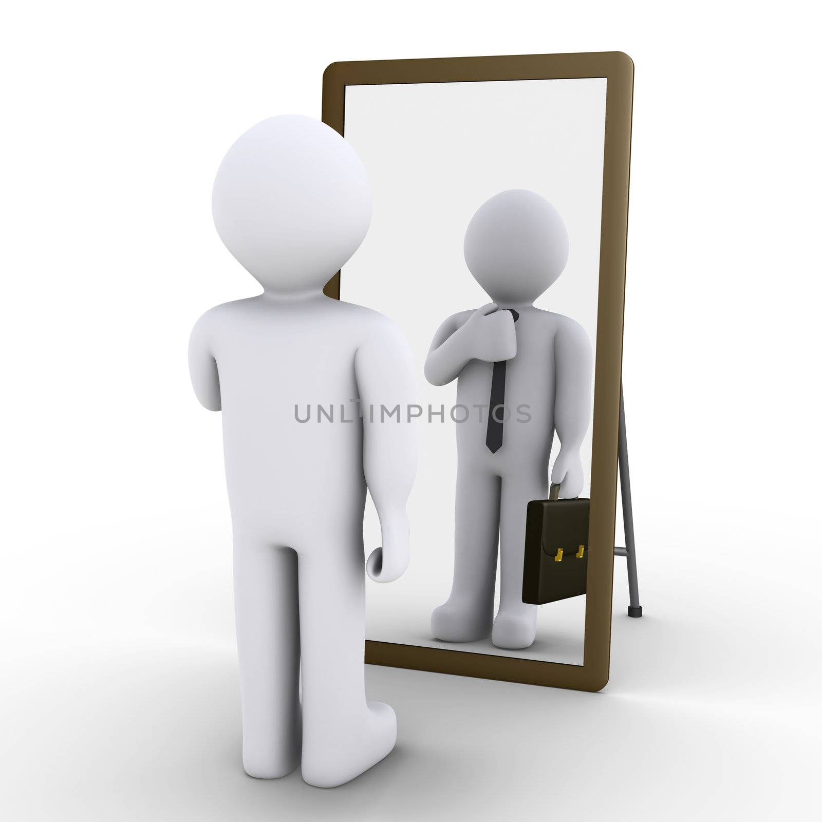 3d person looking at mirror and sees himself as businessman