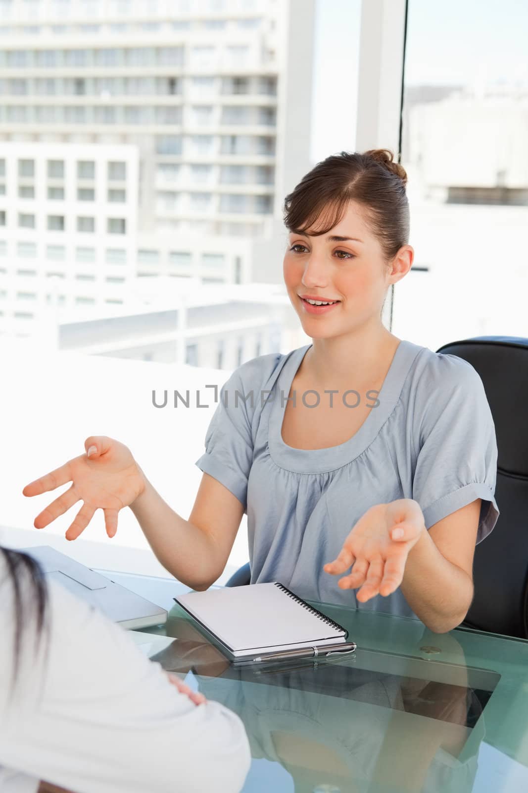 A smiling business woman in her office chats to her co-worker