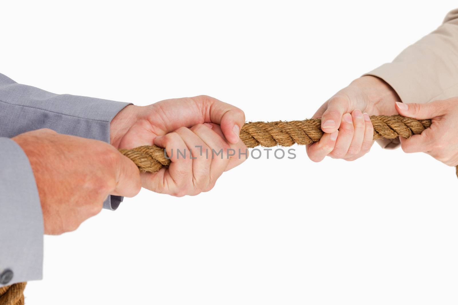 People in suit pulling the rope against white background