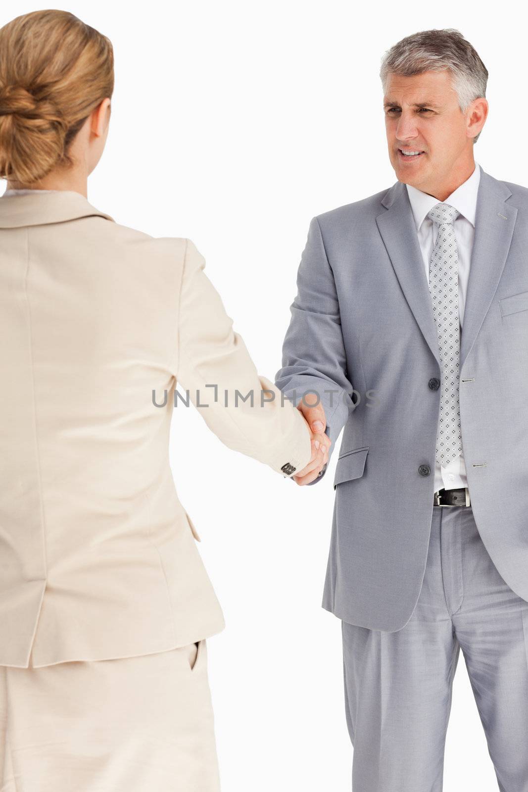 Business people having an agreement against white background