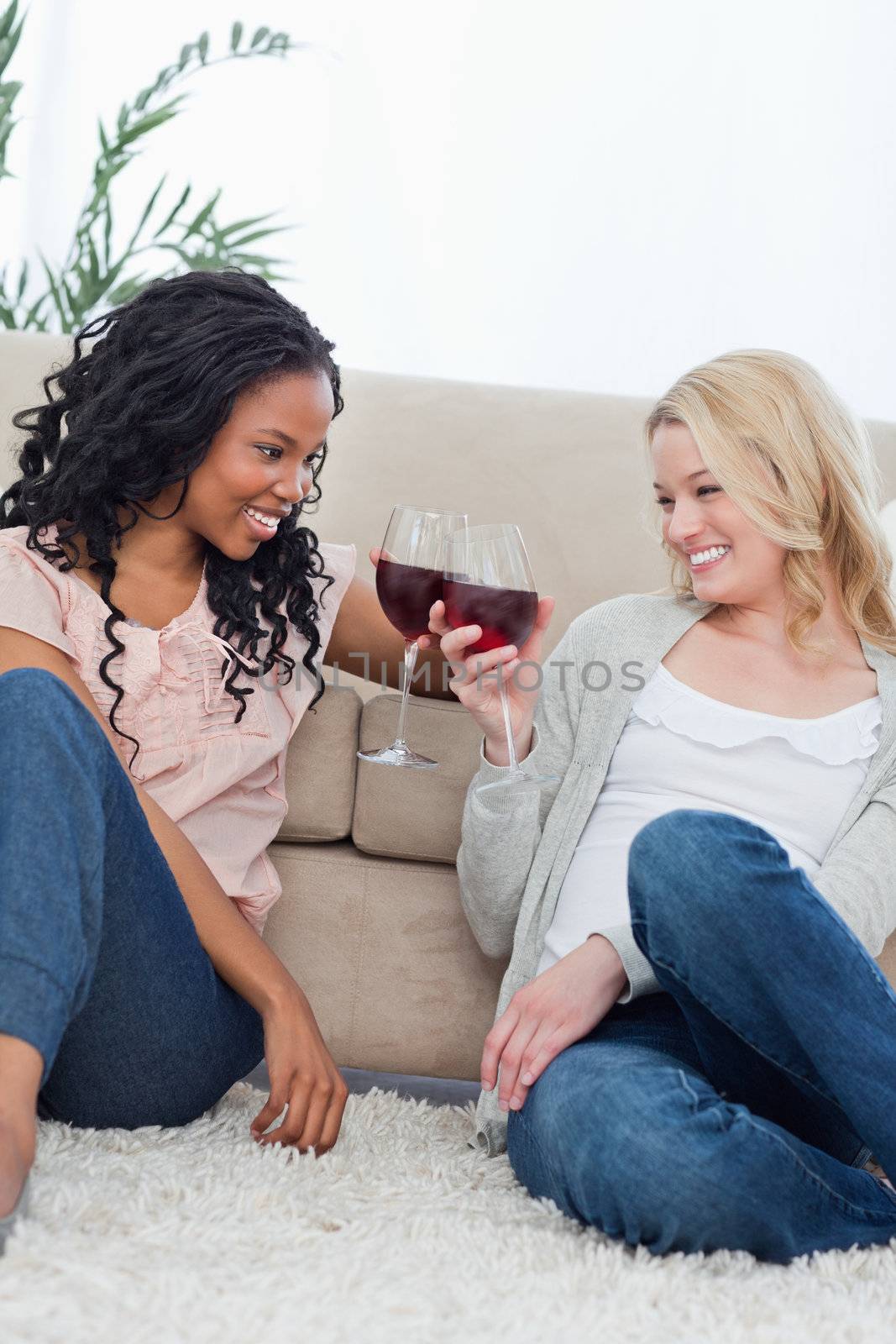 Two women are sitting on the ground talking and holding wine gla by Wavebreakmedia