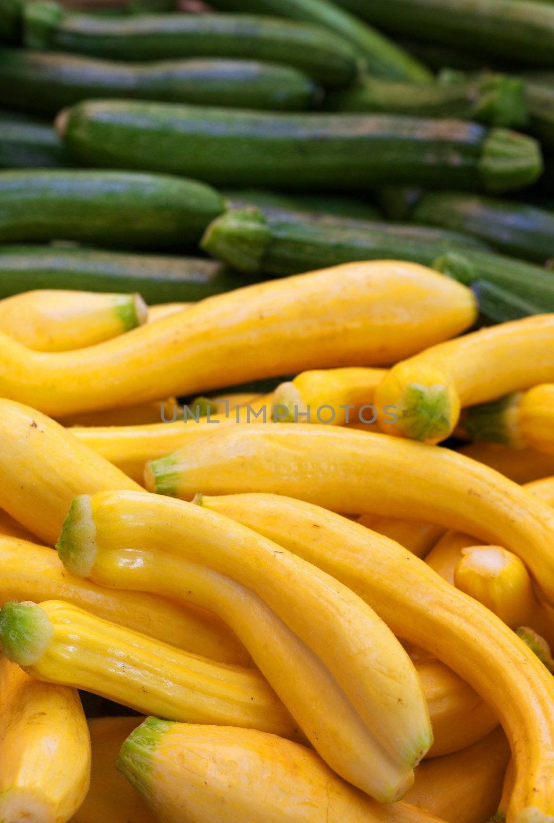 Pile of Yellow and Green zucchini at the farmers market