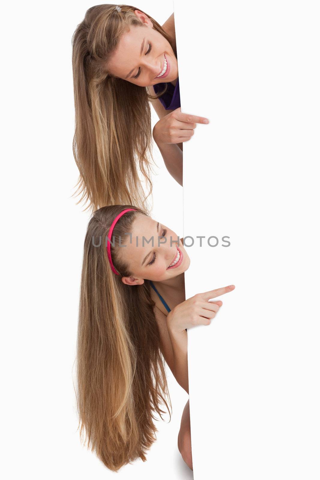 Two long hair students pointing behind a blank sign by Wavebreakmedia