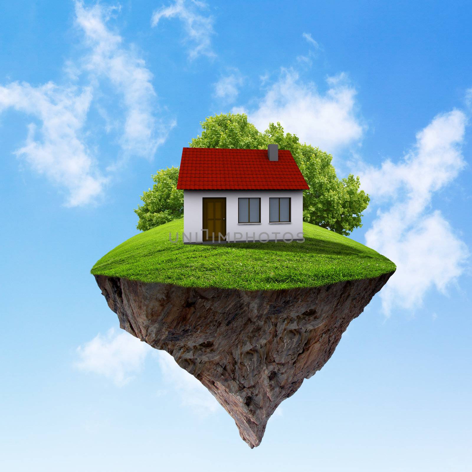 A piece of land in the air with house and tree. by sergey_nivens