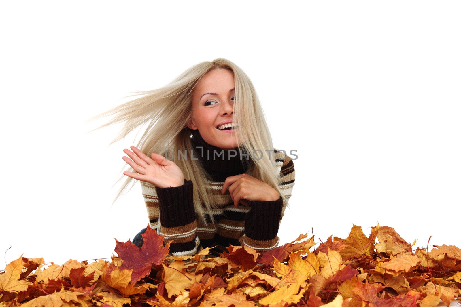  studio portrait of autumn woman in  yellow leaves