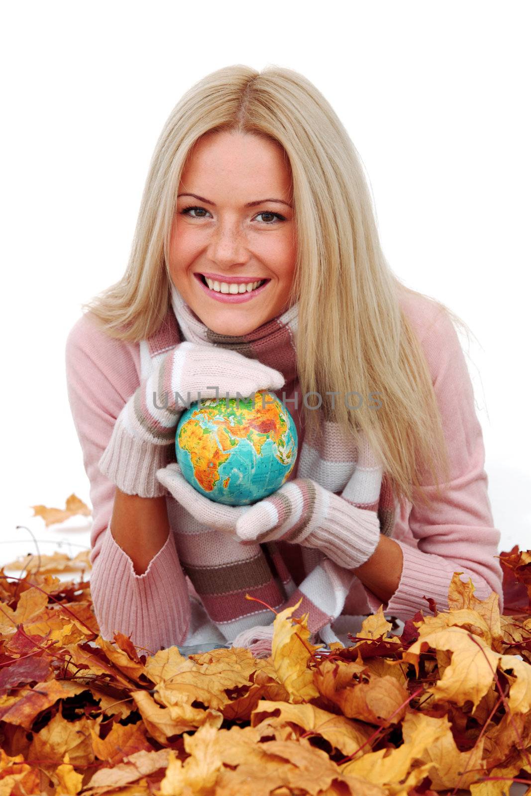 woman take globe isolated in studio