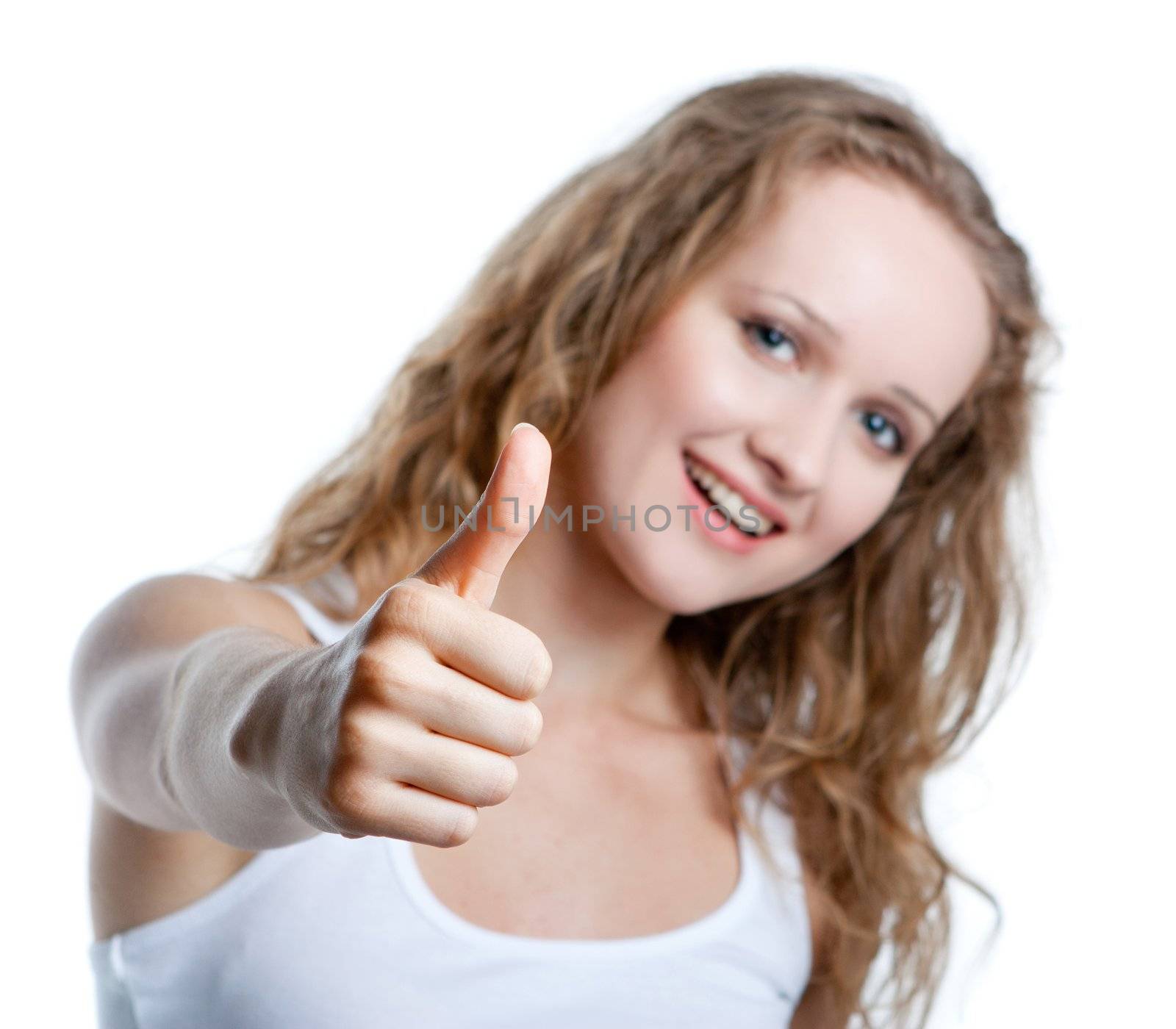girl shows her finger up isolated on white background.