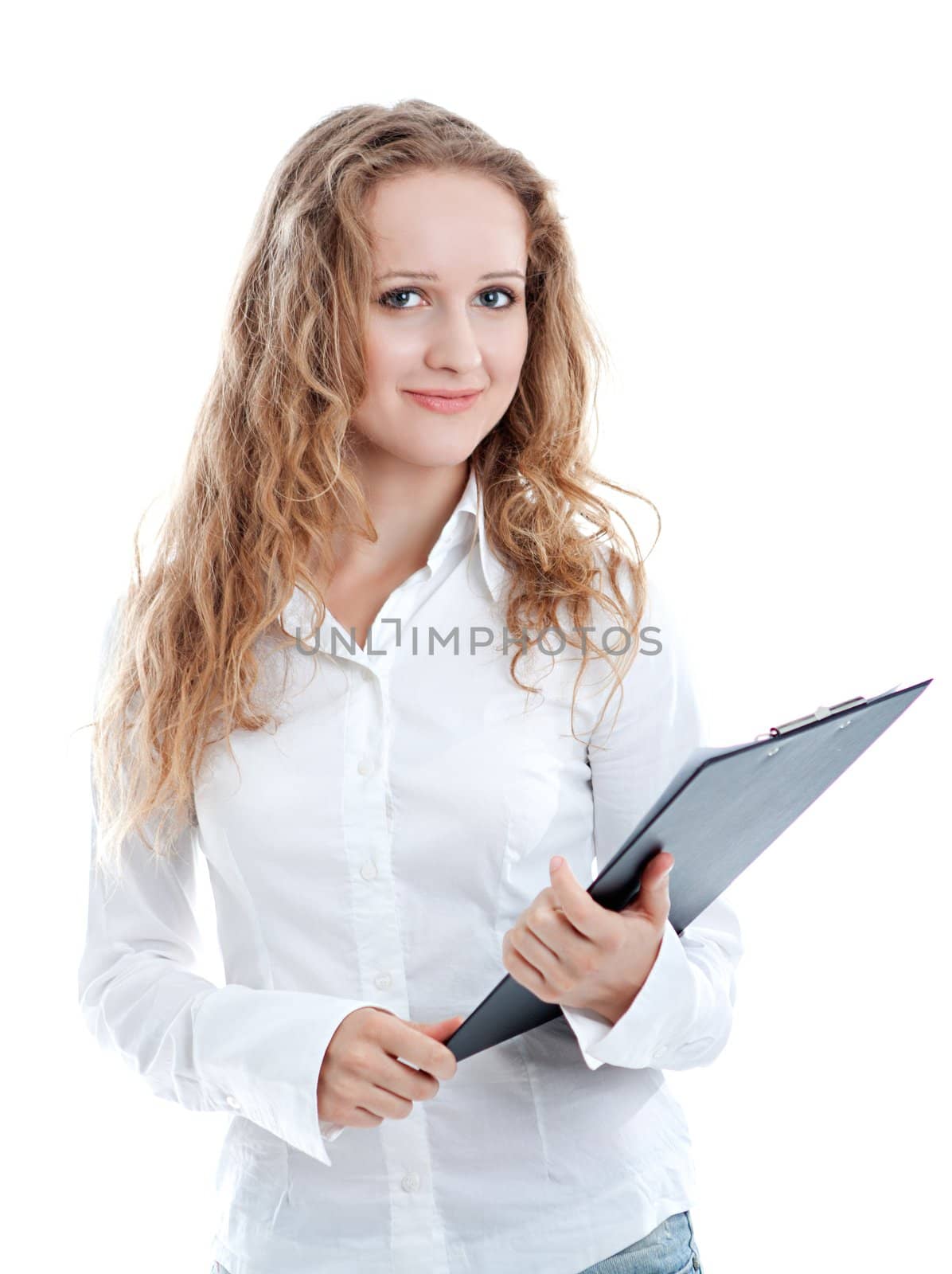 business woman with clipboard isolated on white background.
