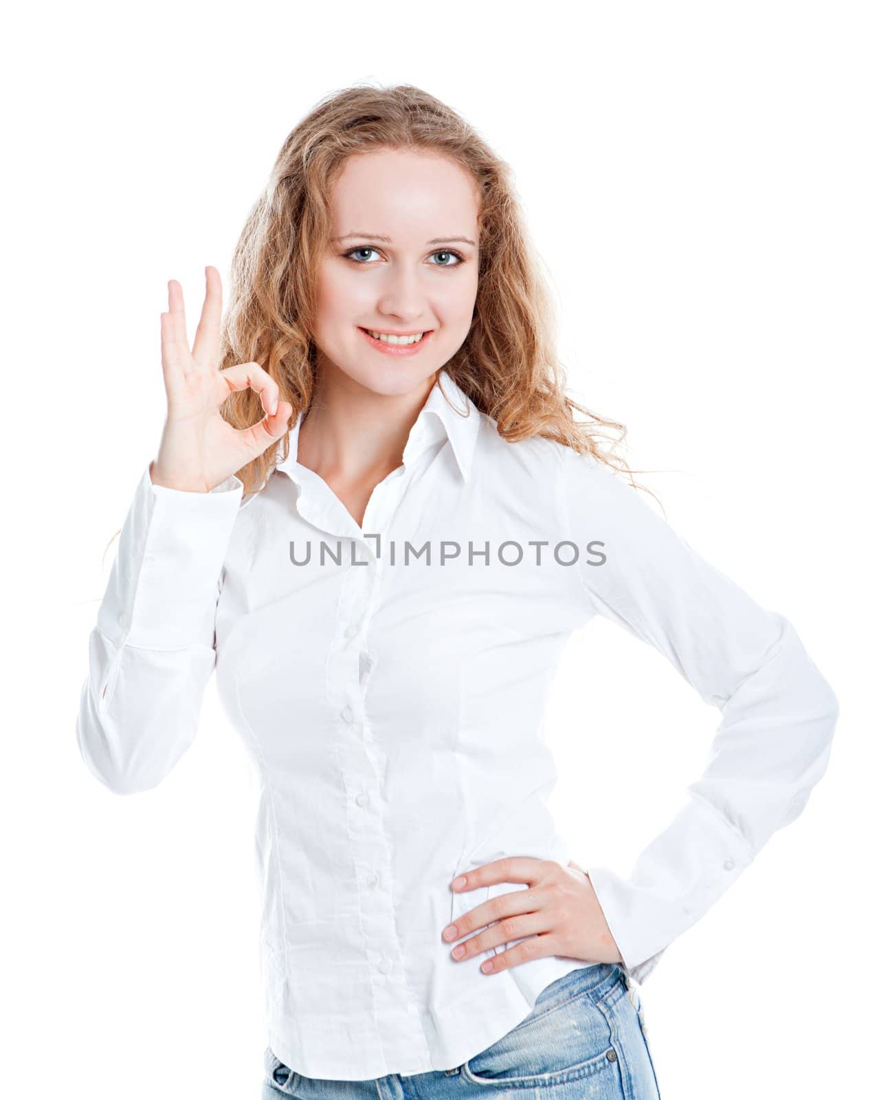 woman displays OK isolated on white background.