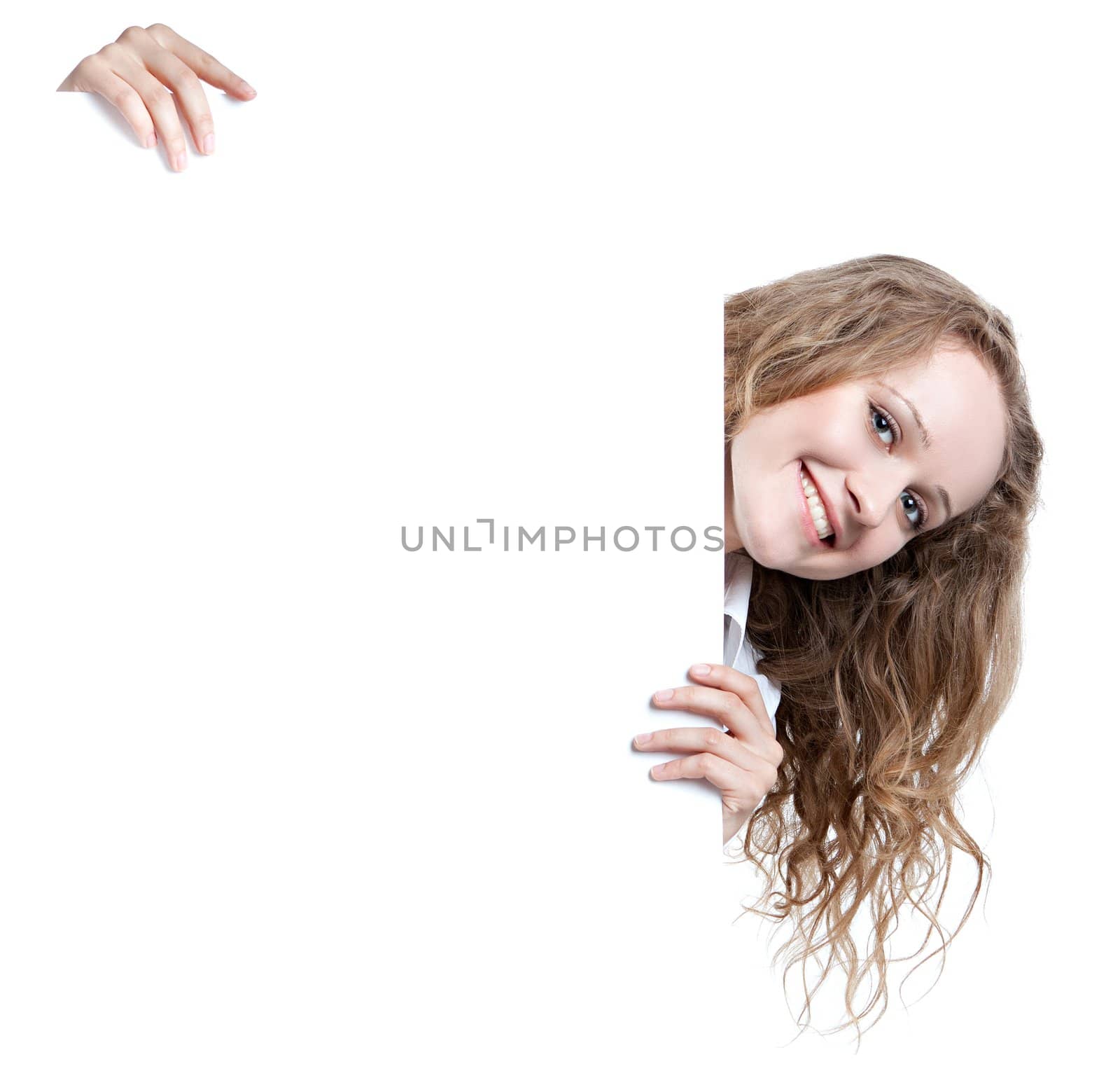 woman holds banner isolated on white background