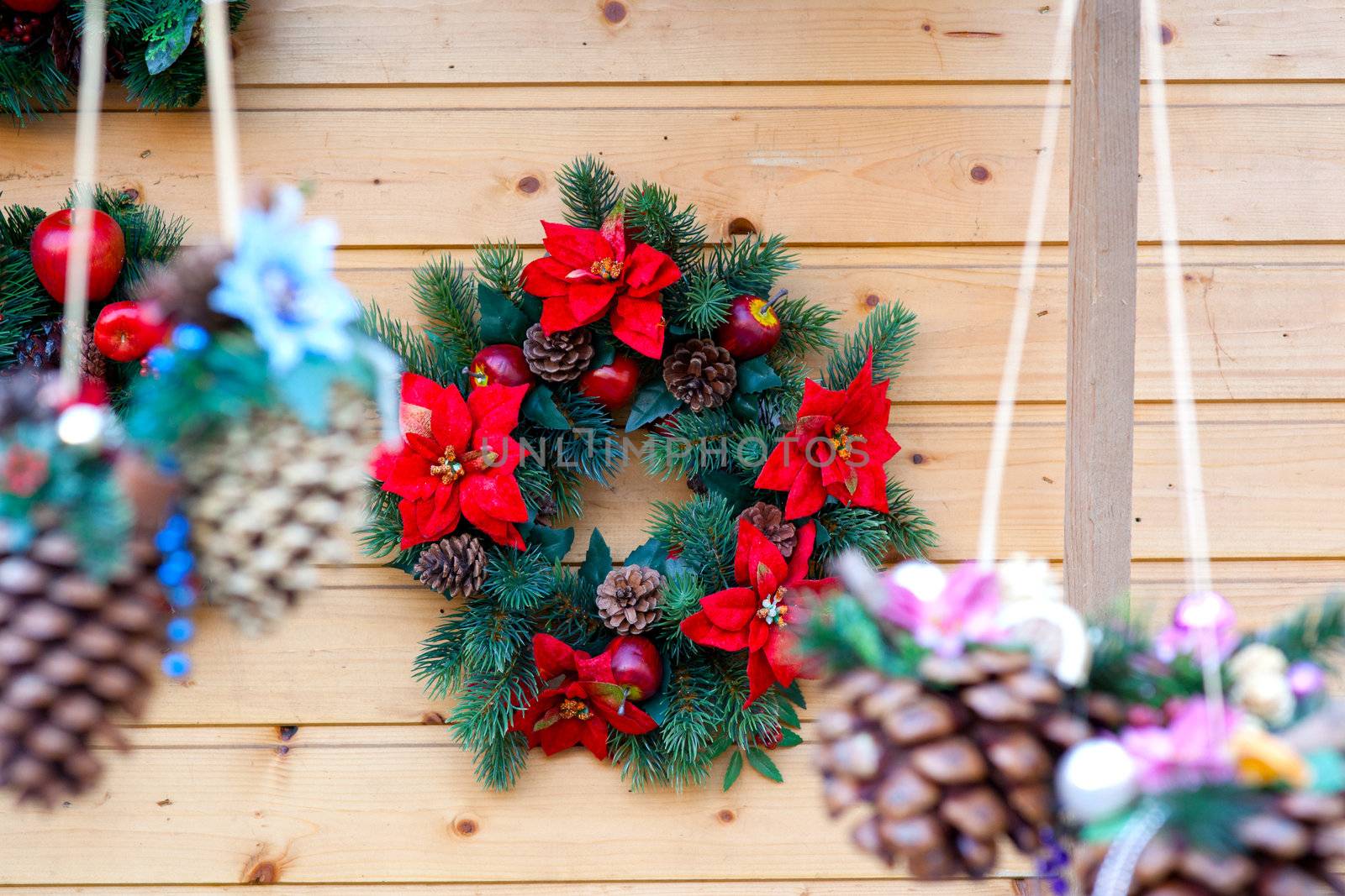 tree decorations on Christmas market