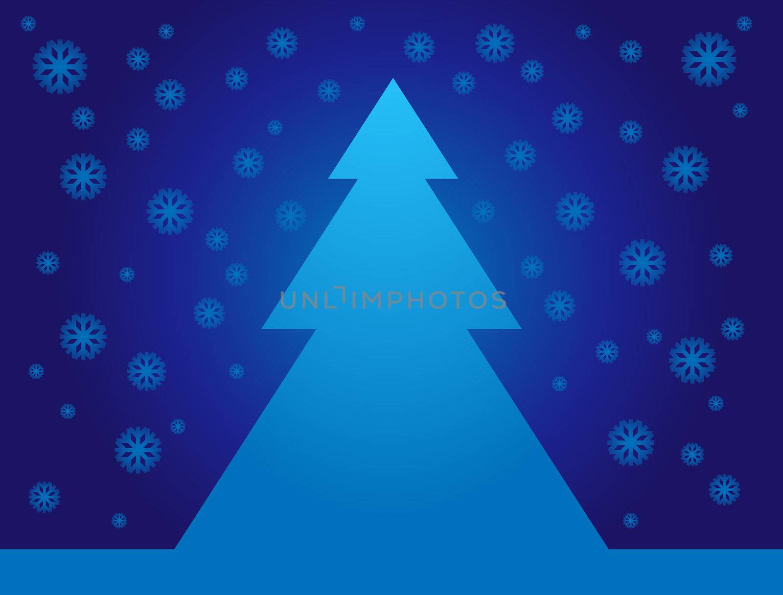 Winter background with blue Christmas tree with snowflakes on background