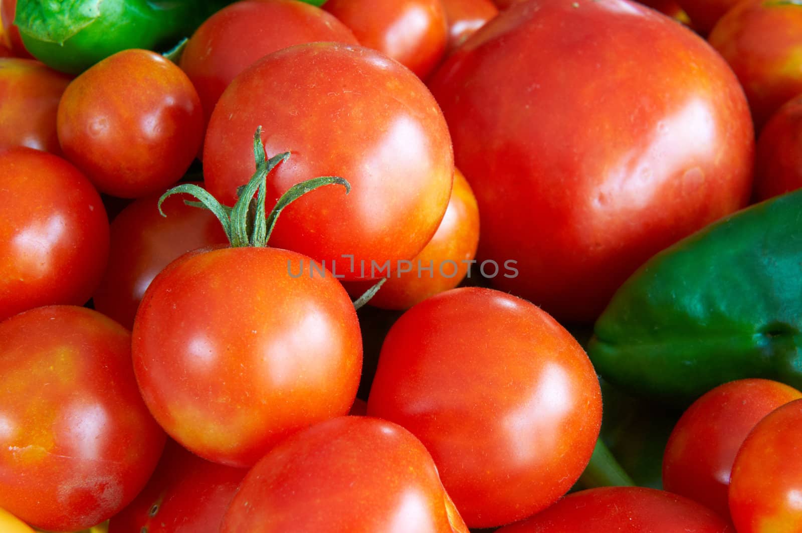 Some tomatoes and peppers in a basket