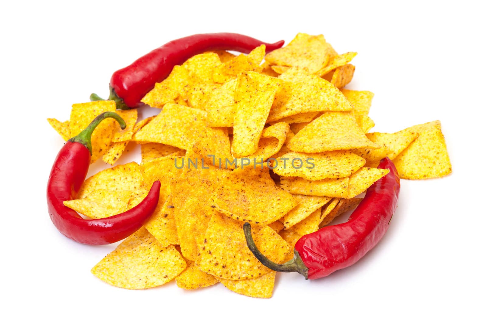 Spicy Corn Chips with Chilli Pepper on white background