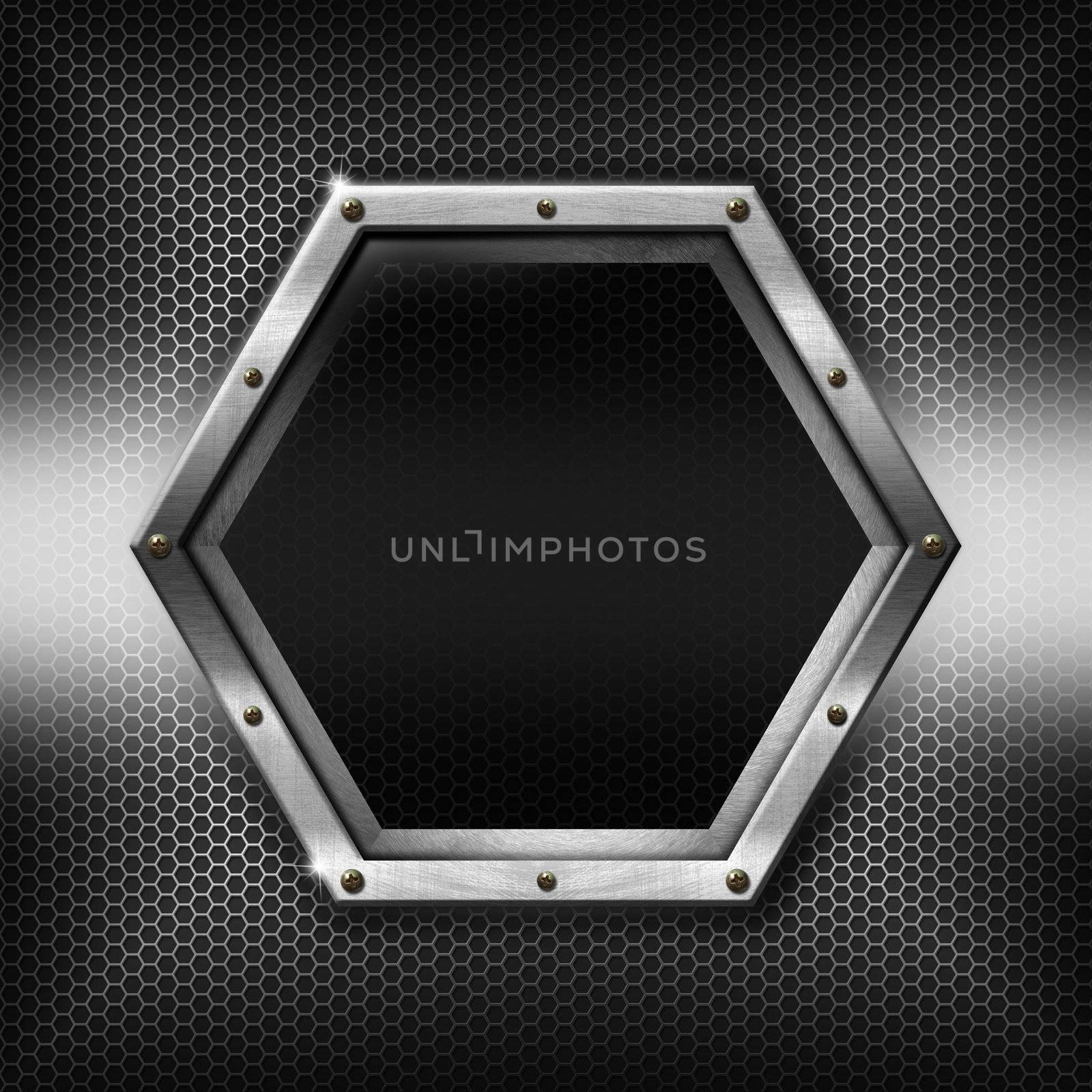 Metallic abstract background with hexagon grid texture and hexagonal metal frame