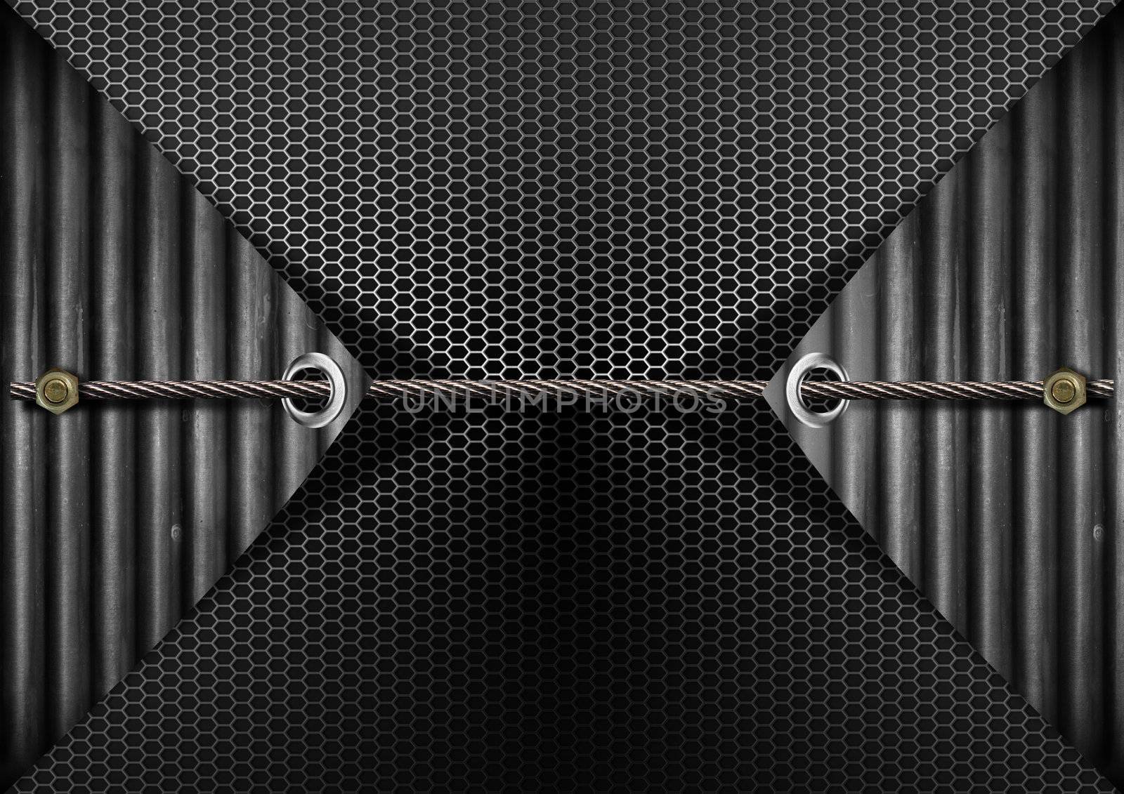 Metallic grunge background with metal cable and bolts heads


