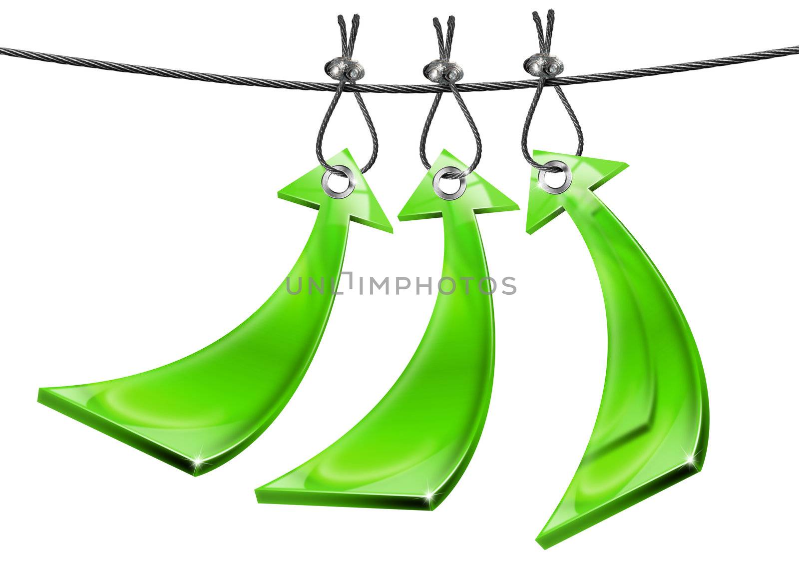 Three green arrows hanging from a steel cable - concept of positivity

