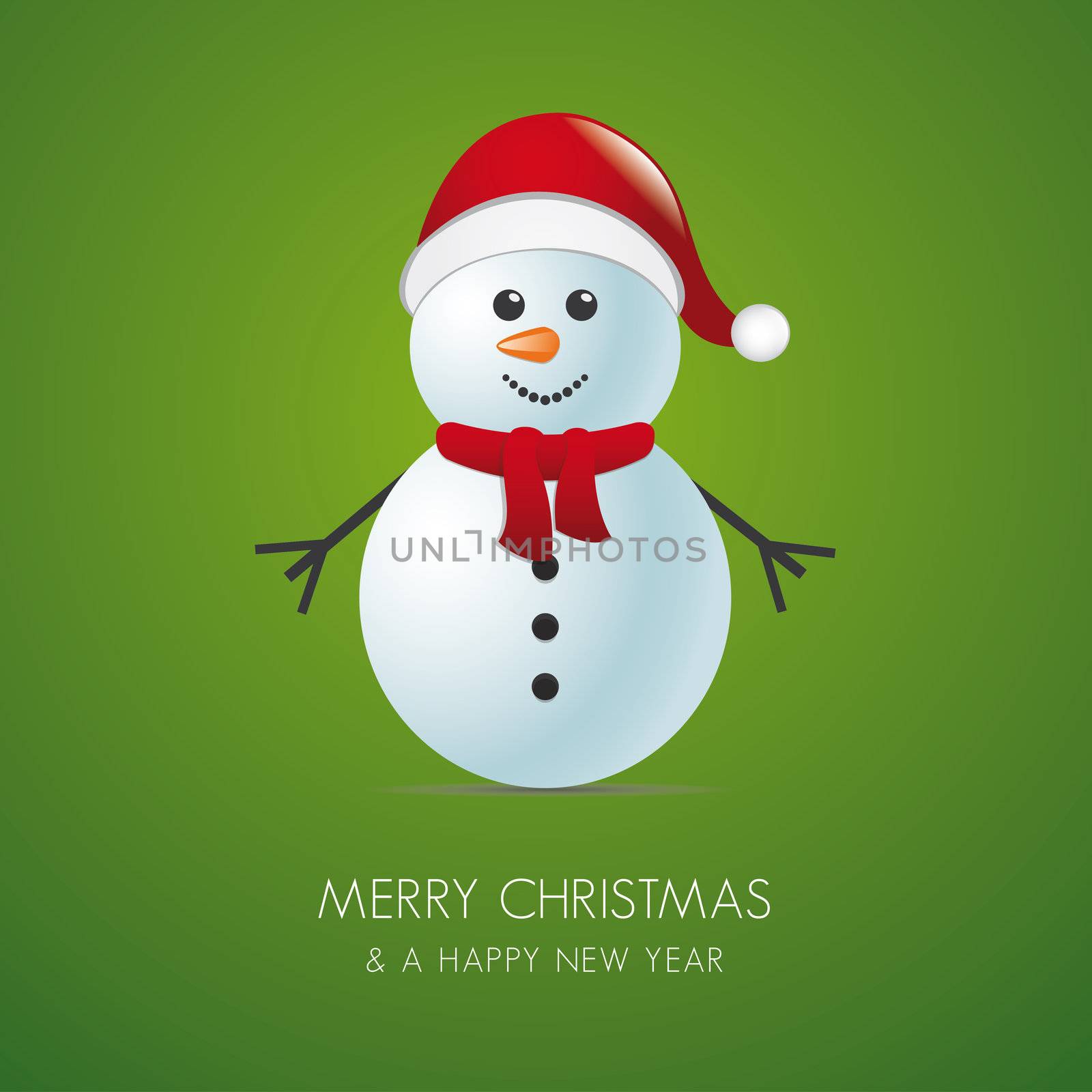 snowman with scarf and santa claus hat