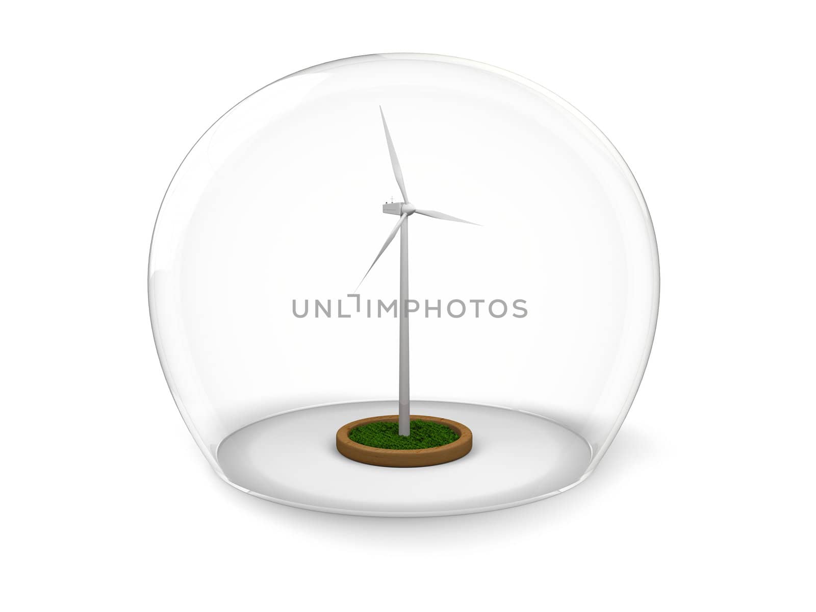 Model of windmill turbine in glass bowl, concept of environmental protection and conservation, isolated on white background
