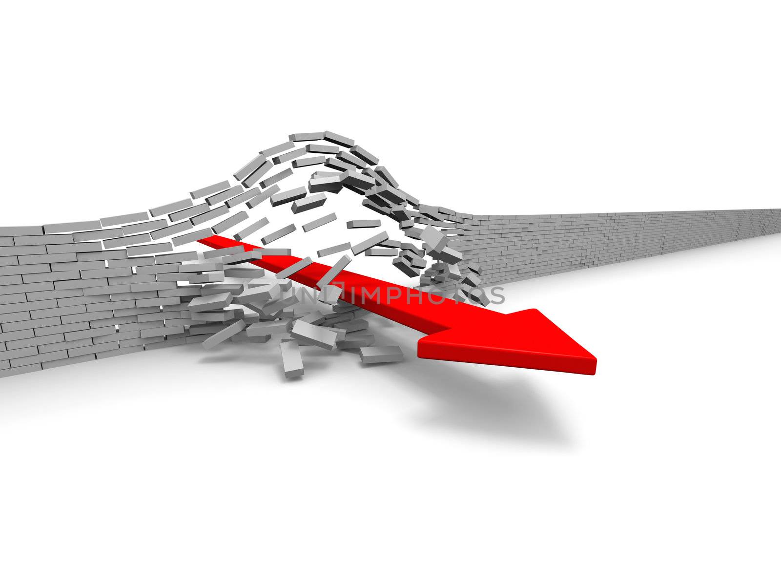 Illustration of red arrow breaking through brick wall, concept of success, breakthrough, achievement