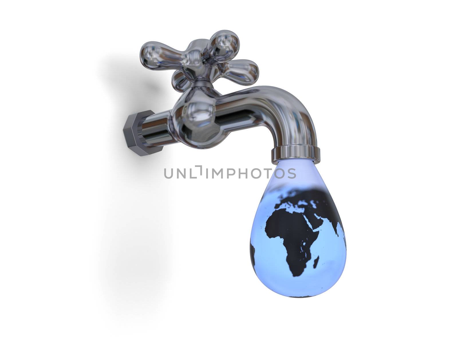 Illustration of water tap dripping with large water drop and blue planet Earth inside isolated on white background