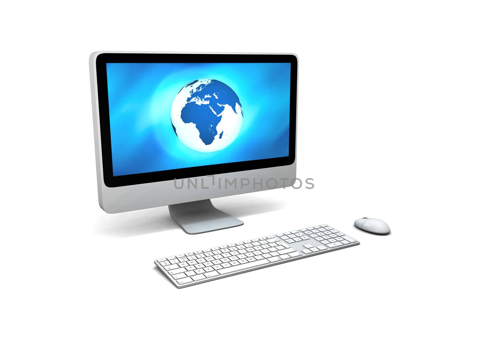 Blue glowing model of Earth on computer screen isolated on white background, concept of global computer network. Elements of this image furnished by NASA